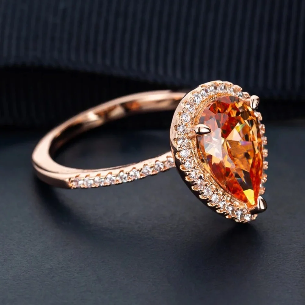 ROSE GOLD PLATED CHAMPAGNE CRYSTAL PEAR SHAPED RING - Picture 4 of 5